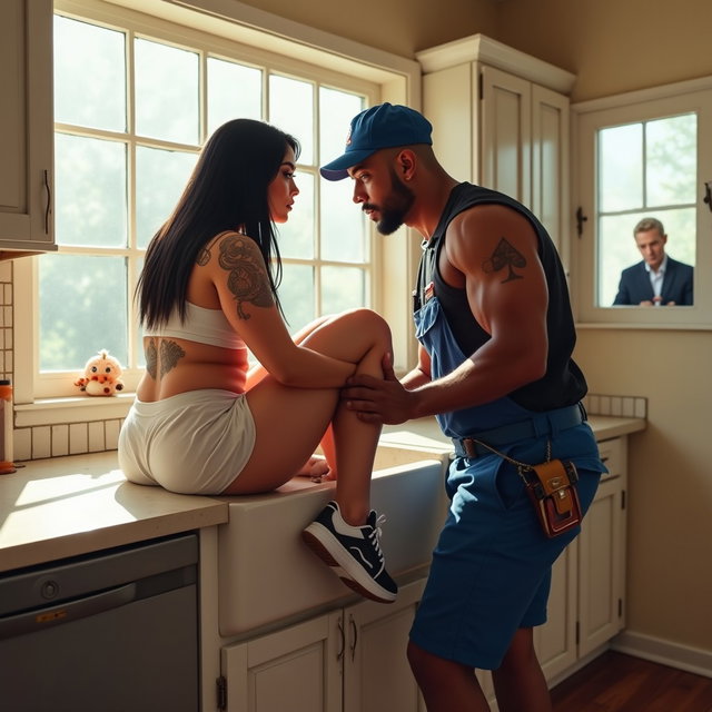 In a spacious kitchen, a light-skinned Mexican woman with wide hips, a thick figure, and sturdy legs is depicted