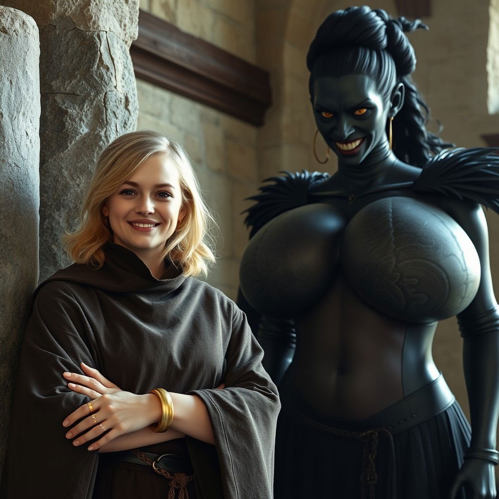 In a medieval room beside a sturdy stone pillar, a very happy, petite young blonde woman, 19 years old, stands proudly