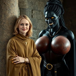 In a medieval room beside a sturdy stone pillar, a very happy, petite young blonde woman, 19 years old, stands proudly