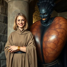 In a medieval room beside a sturdy stone pillar, a very happy, petite young blonde woman, 19 years old, stands proudly