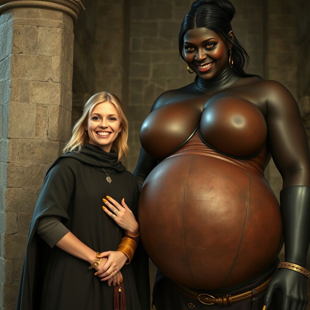 In a medieval room beside a sturdy stone pillar, a very happy, petite young blonde woman, 19 years old and looking quite slender, stands with joy