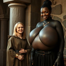 In a medieval room beside a sturdy stone pillar, a very happy, petite young blonde woman, 19 years old and looking quite slender, stands with joy