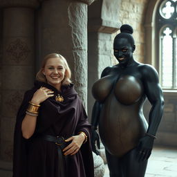 In a medieval room beside a sturdy stone pillar, a very happy, petite young blonde woman, 19 years old and looking quite slender, stands with joy