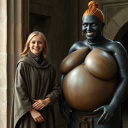 In a medieval room beside a sturdy stone pillar, a very happy, petite young blonde woman, 19 years old and looking quite slender, stands with joy