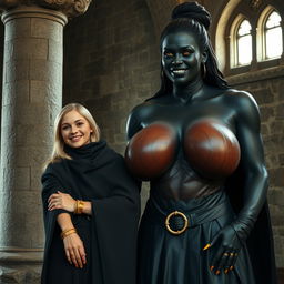 In a medieval room beside a sturdy stone pillar stands a very happy, petite young blonde woman, 19 years old and looking quite slender