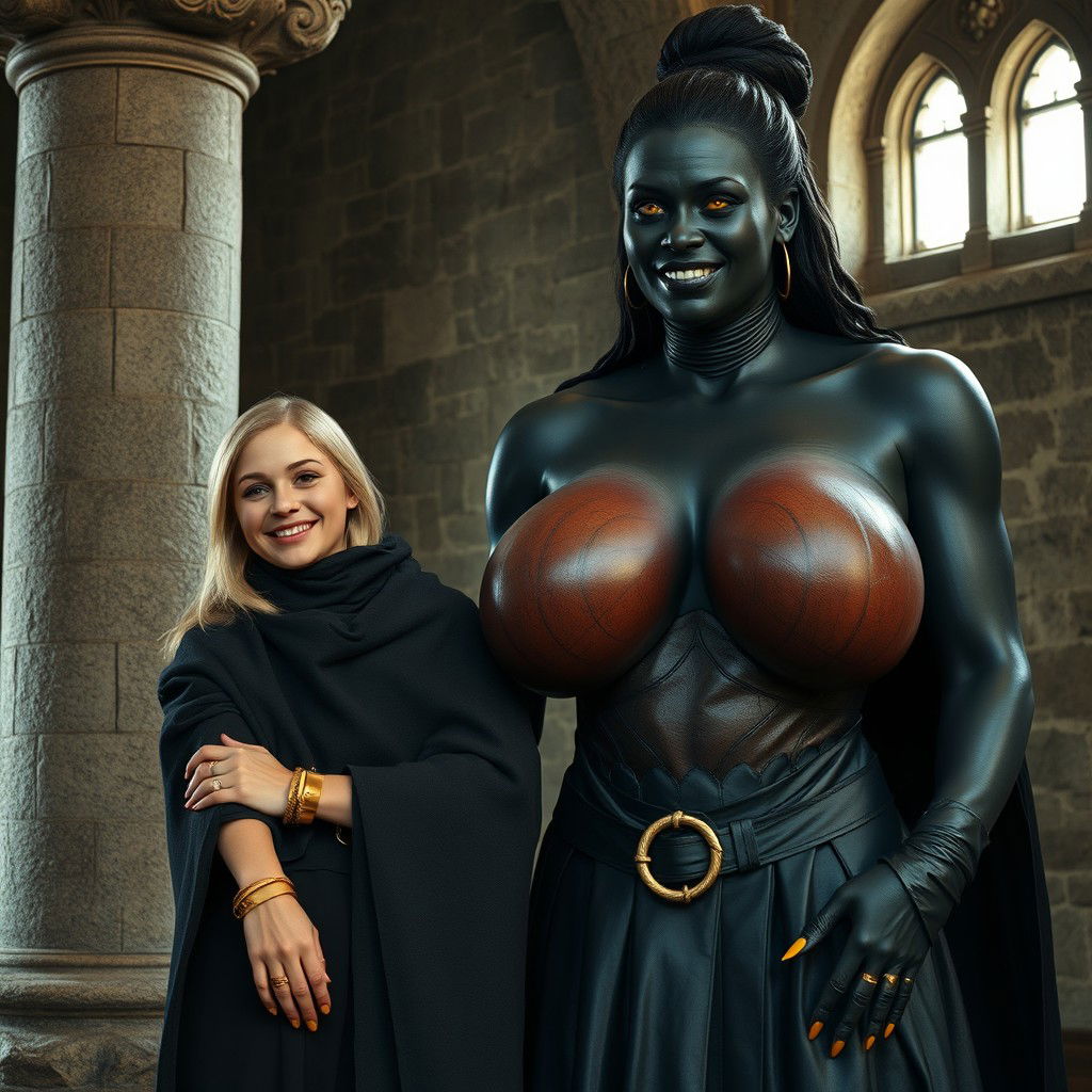 In a medieval room beside a sturdy stone pillar stands a very happy, petite young blonde woman, 19 years old and looking quite slender