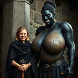 In a medieval room beside a sturdy stone pillar stands a very happy, petite young blonde woman, 19 years old and looking quite slender