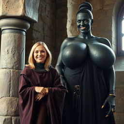 In a medieval room beside a sturdy stone pillar stands a very happy, petite young blonde woman, 19 years old and looking quite slender