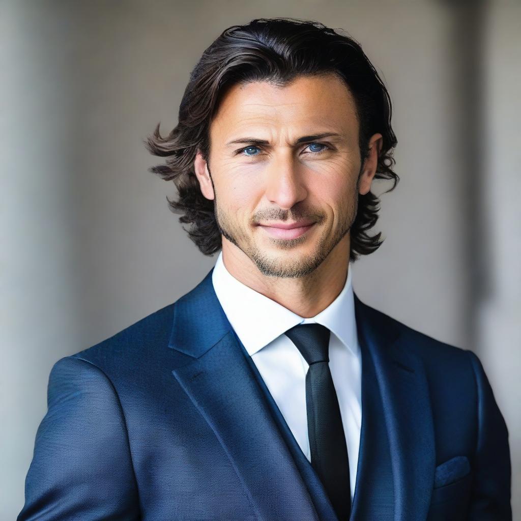 A 34-year-old tall and muscular Turkish man with dark blue eyes, white skin, and wavy black hair. He's wearing a sharp suit.