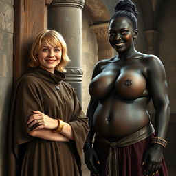 Inside a medieval room beside a pillar, featuring a young, very happy, short blonde woman with medium-length hair, aged 19, who appears slightly undernourished