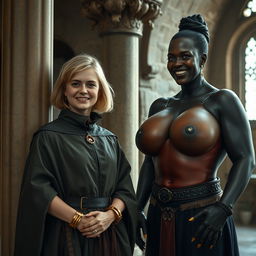 Inside a medieval room beside a pillar, featuring a young, very happy, short blonde woman with medium-length hair, aged 19, who appears slightly undernourished