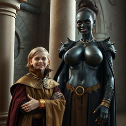 Inside a medieval room beside a pillar, there is a very happy short blonde girl, 19 years old and slightly undernourished, with medium-length hair