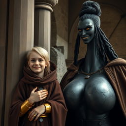 Inside a medieval room beside a pillar, there is a very happy short blonde girl, 19 years old and slightly undernourished, with medium-length hair