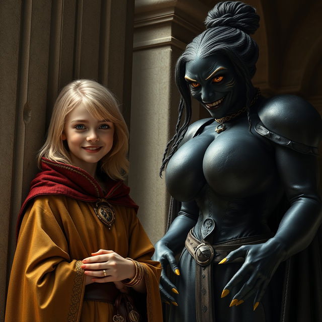 Inside a medieval room beside a pillar, there is a very happy short blonde girl, 19 years old and slightly undernourished, with medium-length hair