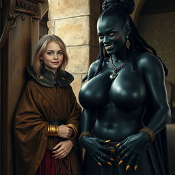 Inside a medieval room beside a pillar, there is a short, very happy blonde girl, 19 years old and slightly undernourished, with medium-length hair