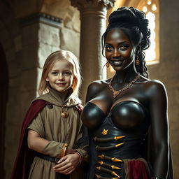 Inside a medieval room by a stone pillar, a radiant scene unfolds