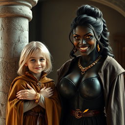 Inside a medieval room by a stone pillar, a radiant scene unfolds