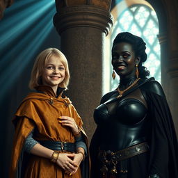 Inside a medieval room by a stone pillar, a radiant scene unfolds