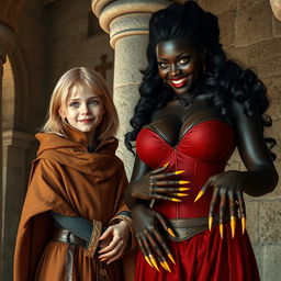 Inside a medieval room by a stone pillar, a radiant scene unfolds