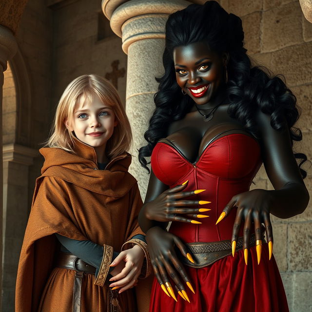 Inside a medieval room by a stone pillar, a radiant scene unfolds