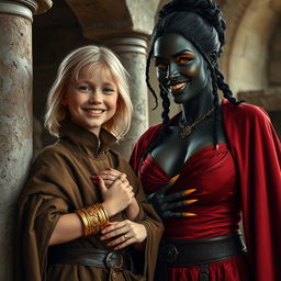 Inside a medieval room by a stone pillar, a captivating scene unfolds