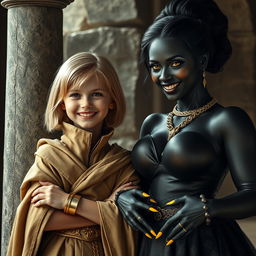 Inside a medieval room by a stone pillar, a captivating scene unfolds