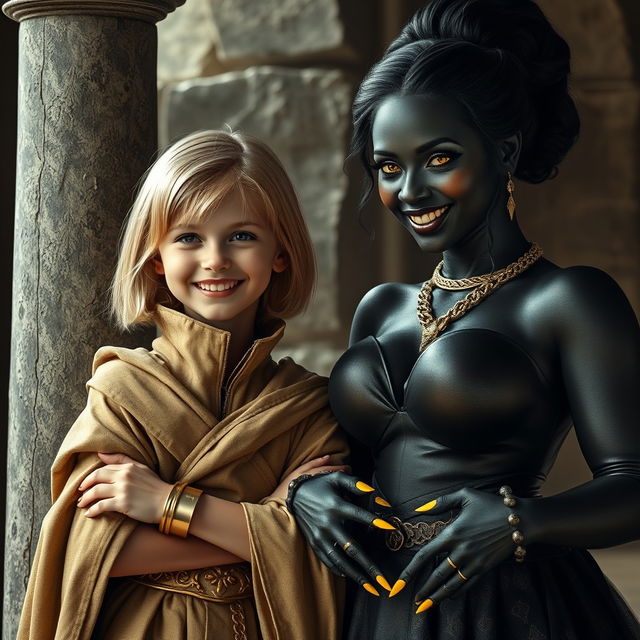 Inside a medieval room by a stone pillar, a captivating scene unfolds