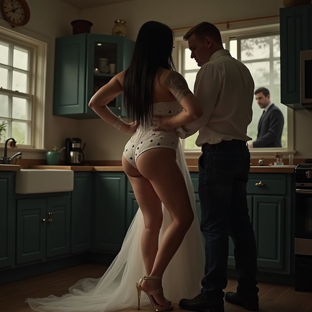 In a dimly lit kitchen at night, a light-skinned Mexican woman with wide hips, a large and curvy physique, and thick legs is depicted