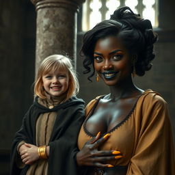 Inside a medieval room by a stone pillar, an enchanting scene unfolds