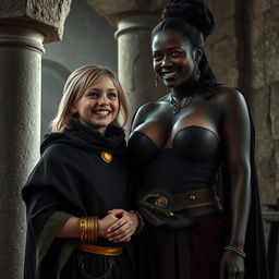 Inside a medieval room by a stone pillar, an enchanting scene unfolds