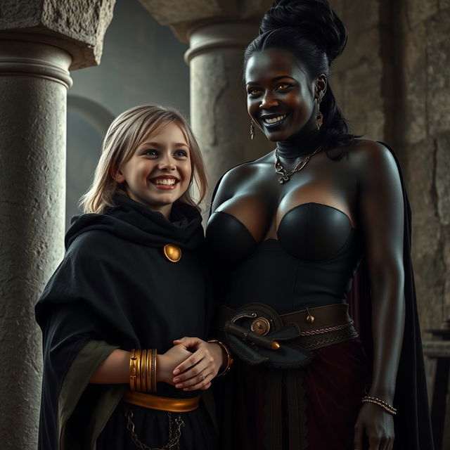 Inside a medieval room by a stone pillar, an enchanting scene unfolds