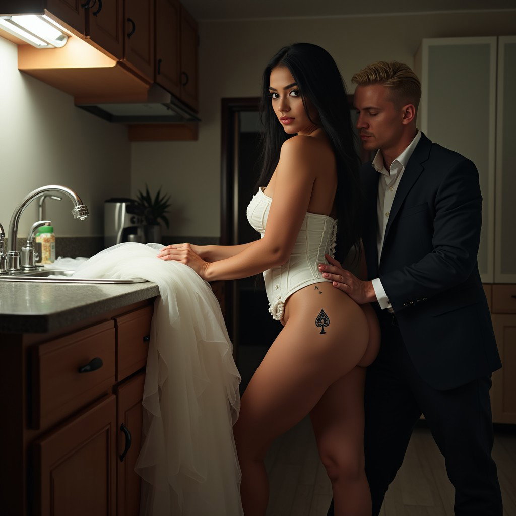 In a nighttime kitchen setting, a light-skinned Mexican woman with wide hips and a voluptuous figure is showcased