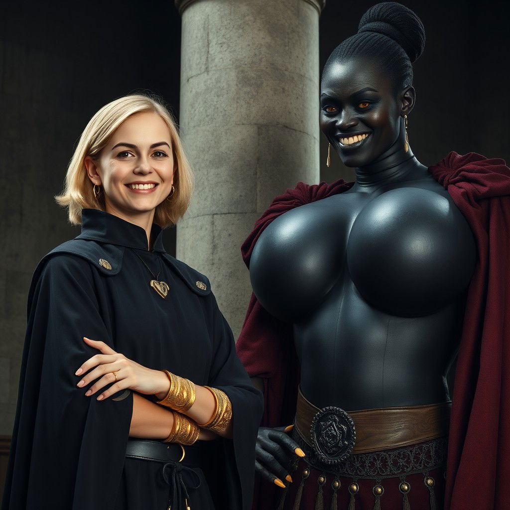 In a medieval room next to a pillar, a very happy young blonde woman, 19 years old, thin and short with medium-length hair, adorned with thick gold bracelets and gold rings on her fingers, dressed in an elegant noble cloak with a high collar that reaches her neck, fully closed