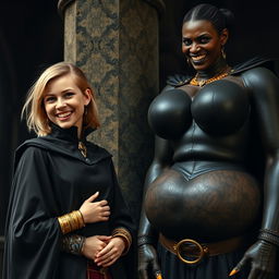 In a medieval room next to a pillar, a very happy young blonde woman, 19 years old, thin and short with medium-length hair, adorned with thick gold bracelets and gold rings on her fingers, dressed in an elegant noble cloak with a high collar that reaches her neck, fully closed