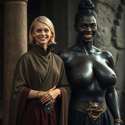 In a medieval room next to a pillar, a very happy young blonde woman, 19 years old, thin and short with medium-length hair, adorned with thick gold bracelets and gold rings on her fingers, dressed in an elegant noble cloak with a high collar that reaches her neck, fully closed