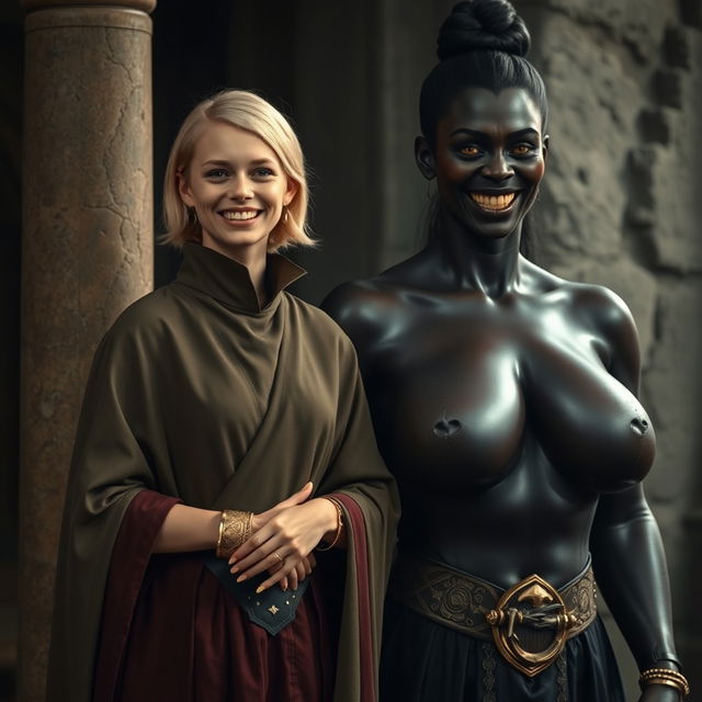 In a medieval room next to a pillar, a very happy young blonde woman, 19 years old, thin and short with medium-length hair, adorned with thick gold bracelets and gold rings on her fingers, dressed in an elegant noble cloak with a high collar that reaches her neck, fully closed