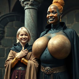 In a medieval room next to a pillar, a very happy young blonde woman, 19 years old, thin and short with medium-length hair, adorned with thick gold bracelets and gold rings on her fingers, dressed in an elegant noble cloak with a high collar that reaches her neck, fully closed