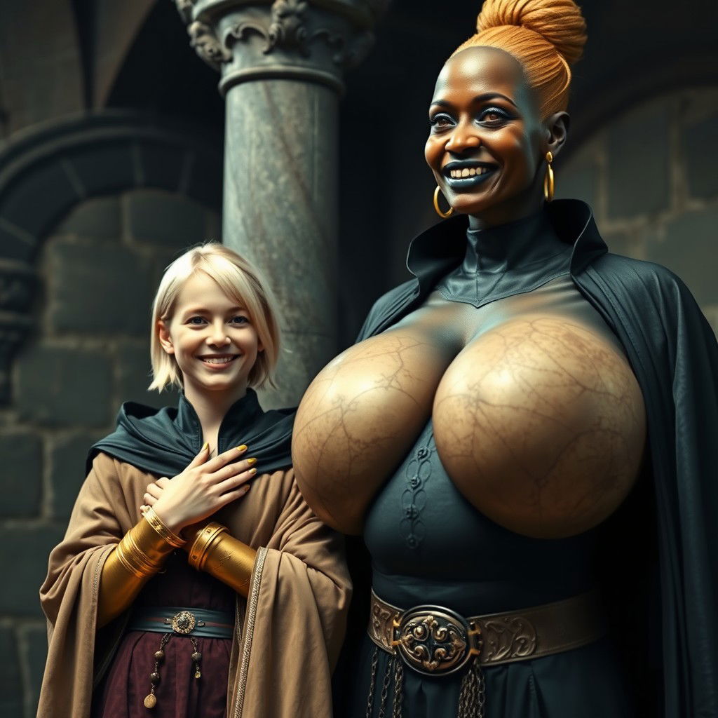 In a medieval room next to a pillar, a very happy young blonde woman, 19 years old, thin and short with medium-length hair, adorned with thick gold bracelets and gold rings on her fingers, dressed in an elegant noble cloak with a high collar that reaches her neck, fully closed