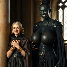 In a medieval room next to a pillar, a very happy young blonde woman, 19 years old, thin and short with medium-length hair, adorned with thick gold bracelets and gold rings on her fingers, dressed in an elegant noble cloak with a high collar that reaches her neck, fully closed
