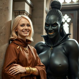 In a medieval room next to a pillar, a very happy young blonde woman, 19 years old, thin and short with medium-length hair, adorned with thick gold bracelets and gold rings on her fingers, dressed in an elegant noble cloak with a high collar that reaches her neck, fully closed