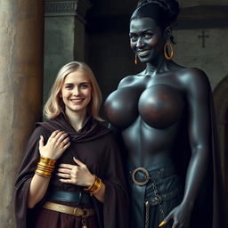 In a medieval room next to a pillar, a very happy young blonde woman, 19 years old, thin and short with medium-length hair, adorned with thick gold bracelets and gold rings on her fingers, dressed in an elegant noble cloak with a high collar that reaches her neck, fully closed