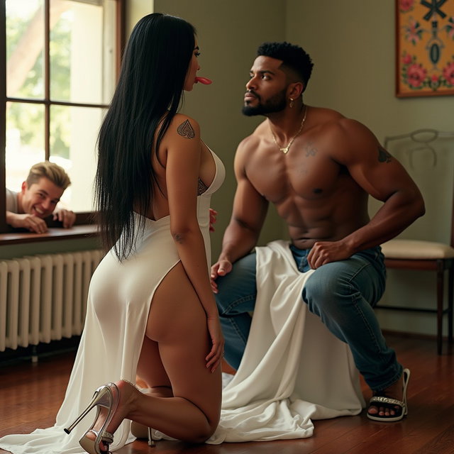 In an elegantly styled scene, a light-skinned Mexican woman with wide hips and a voluptuous body is depicted