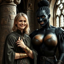 In a medieval room next to a stone pillar, a very happy young blonde woman, 19 years old, thin and short with medium-length hair, wearing thick gold bracelets and gold rings on her fingers