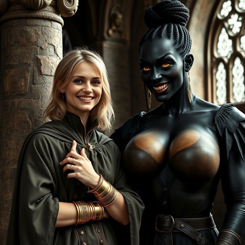 In a medieval room next to a stone pillar, a very happy young blonde woman, 19 years old, thin and short with medium-length hair, wearing thick gold bracelets and gold rings on her fingers