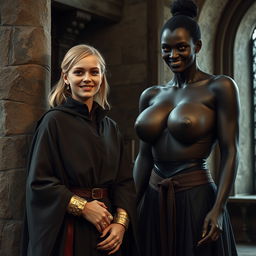 In a medieval room next to a stone pillar, a very happy young blonde woman, 19 years old, thin and short with medium-length hair, wearing thick gold bracelets and gold rings on her fingers