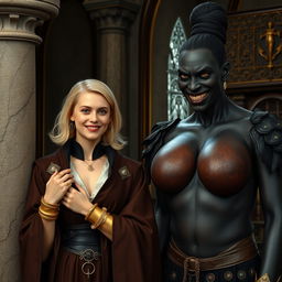 In a medieval room next to a stone pillar, a very happy young blonde woman, 19 years old, thin and short with medium-length hair, wearing thick gold bracelets and gold rings on her fingers