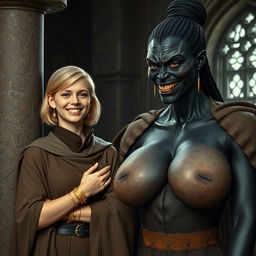 In a medieval room next to a stone pillar, a very happy young blonde woman, 19 years old, thin and short with medium-length hair, wearing thick gold bracelets and gold rings on her fingers