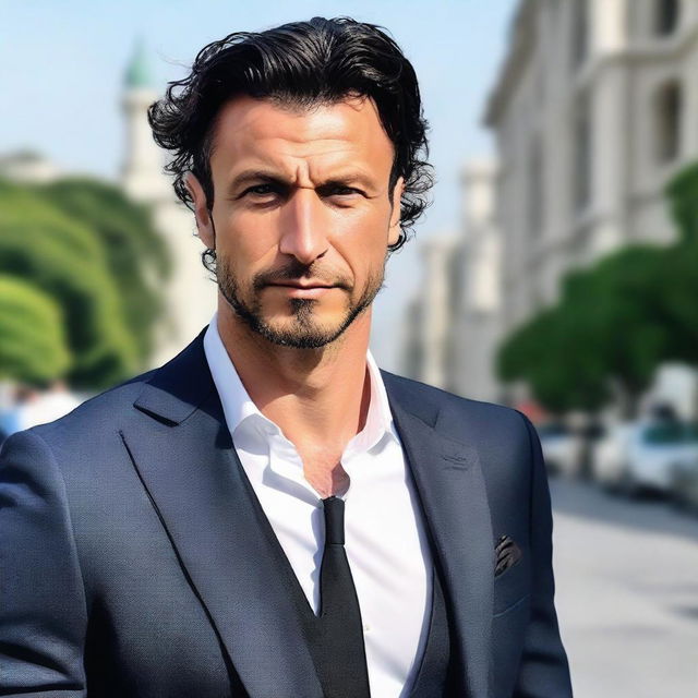 A 34-year-old tall and muscular Turkish man with dark blue eyes, white skin, and wavy black hair. He's wearing a sharp suit.