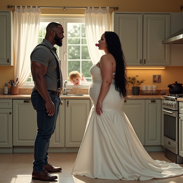 In a tastefully designed kitchen, a light-skinned Mexican woman with wide hips, a large curvy body, and thick legs is depicted