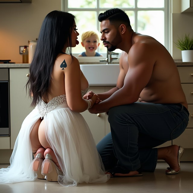 In a captivating scene, a light-skinned Mexican woman with wide hips, a large and curvy build, and thick legs is kneeling provocatively in front of a muscular Black plumber
